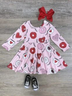 Sip Of Love Donut Hearts Pink Girls Skater Dress