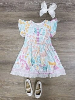 Spring Friends Pastel Girls Lace Trim Short Sleeve Dress