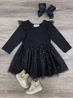 Stars & Moons Girls Black Chiffon Tutu Dress