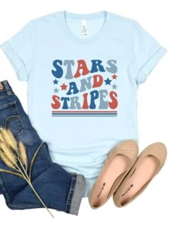 Stars & Stripes Patriotic 4th Of July Patriotic Graphic T-Shirt -Little Loom Store Stars StripesHeatherIceBlue