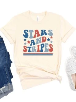 Stars & Stripes Patriotic 4th Of July Patriotic Graphic T-Shirt -Little Loom Store Stars StripesNatural