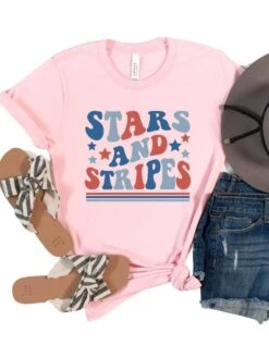 Stars & Stripes Patriotic 4th Of July Patriotic Graphic T-Shirt -Little Loom Store Stars StripesPink