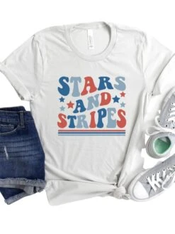 Stars & Stripes Patriotic 4th Of July Patriotic Graphic T-Shirt -Little Loom Store Stars StripesSilver