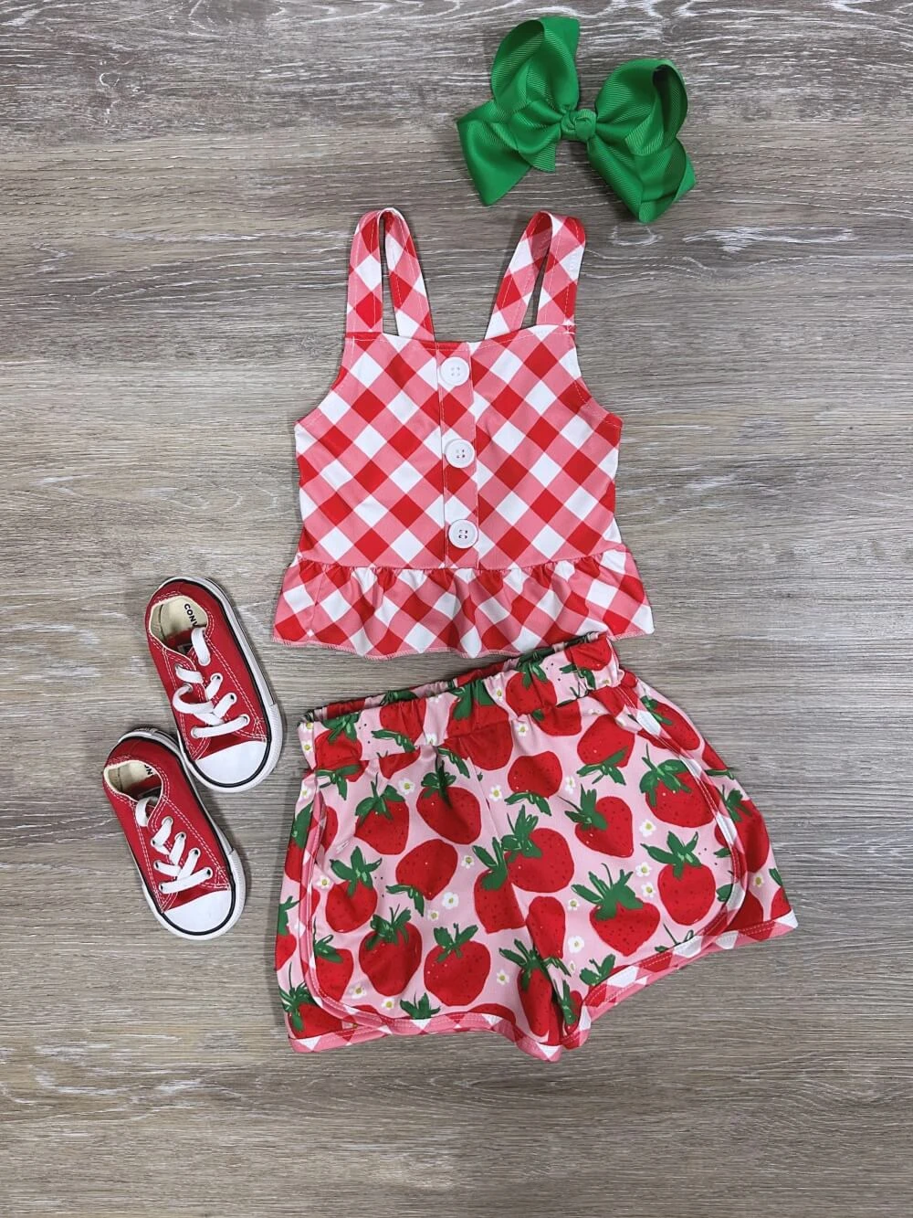 Strawberry Picnic Girls Gingham Plaid Tank & Shorts Outfit 3 Strawberry Picnic Girls Gingham Plaid Tank & Shorts Outfit