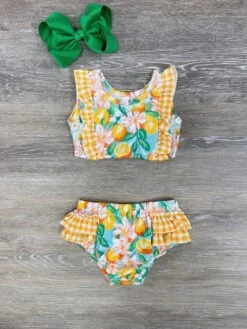 Summer Sweet Girls Gingham Plaid Ruffle 2 Piece Swimsuit