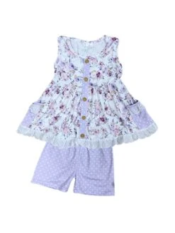 Sweet Lilac Garden Girls Tunic Top & Shorts Outfit -Little Loom Store SweetLilacGardenGirlsTunicTop ShortsOutfitWhite