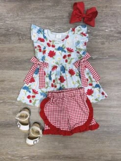 Sweet Summer Blooms Girls Gingham Bow Shorts Outfit