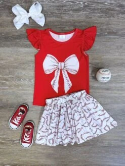Sweet & Sporty Girls Red & White Baseball Bow Skirt Outfit