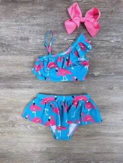 Tropical Flamingos 2 Piece Girls Skirted Swimsuit Set