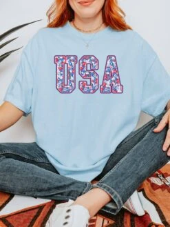 Patriotic Floral USA Unisex Comfort Colors Graphic T-Shirt 10 Patriotic Floral USA Unisex Comfort Colors Graphic T-Shirt -Little Loom Store USA Chambray