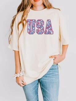Patriotic Floral USA Unisex Comfort Colors Graphic T-Shirt 11 Patriotic Floral USA Unisex Comfort Colors Graphic T-Shirt -Little Loom Store USA Ivory