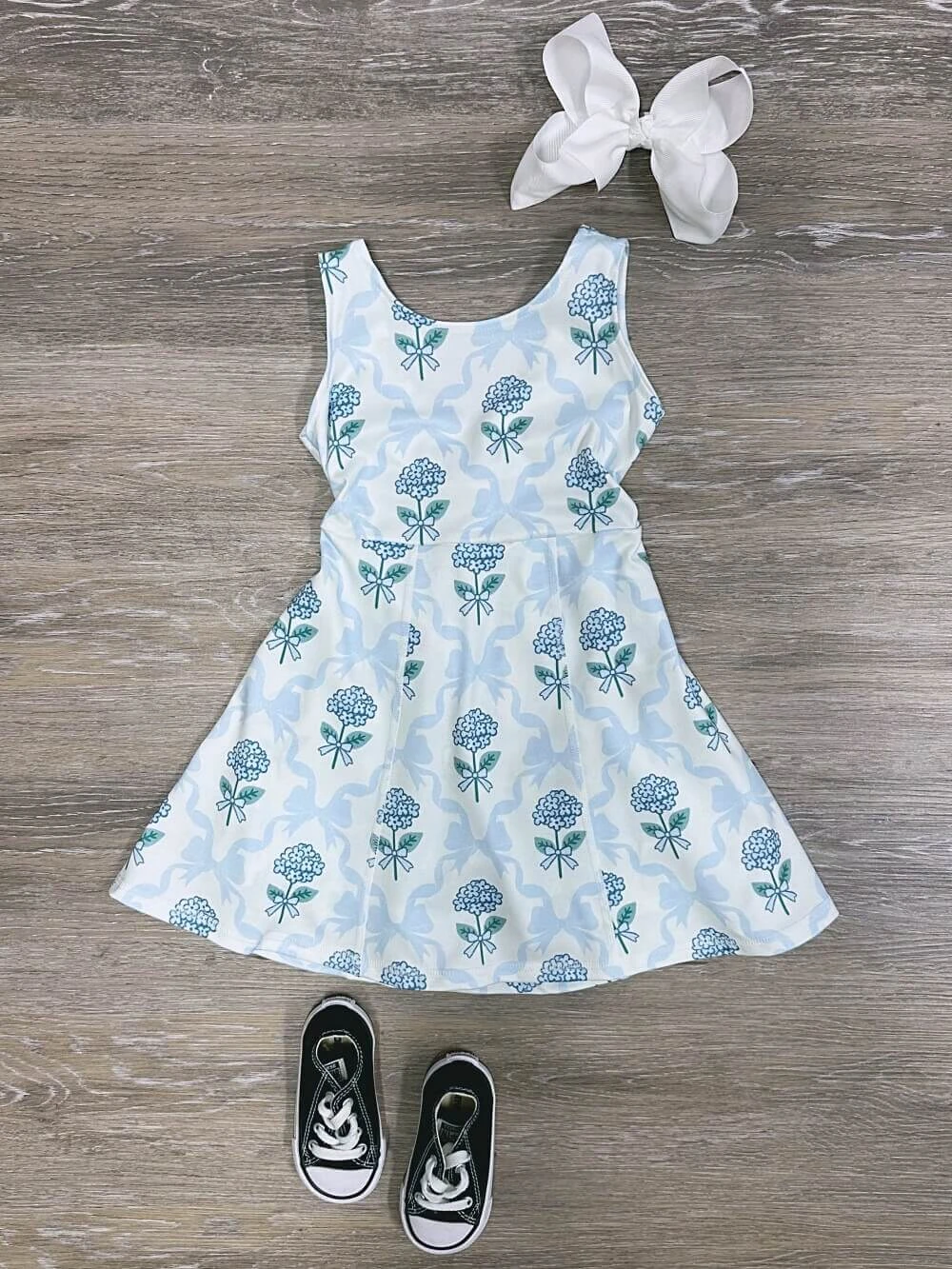 Vintage Bows & Blossoms Girls Blue Floral Yoga Dress - Image 2