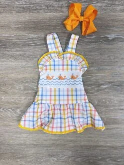 Whale Watching Baby Girls Yellow & Blue Plaid Skirted Swimsuit