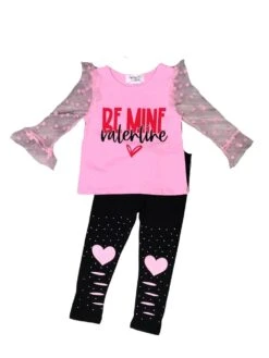 Be Mine Valentine Pink Heart Knee Patch Girls Valentine's Day Outfit -Little Loom Store WhiteBeMineValentinePinkHeartKneeOutfit