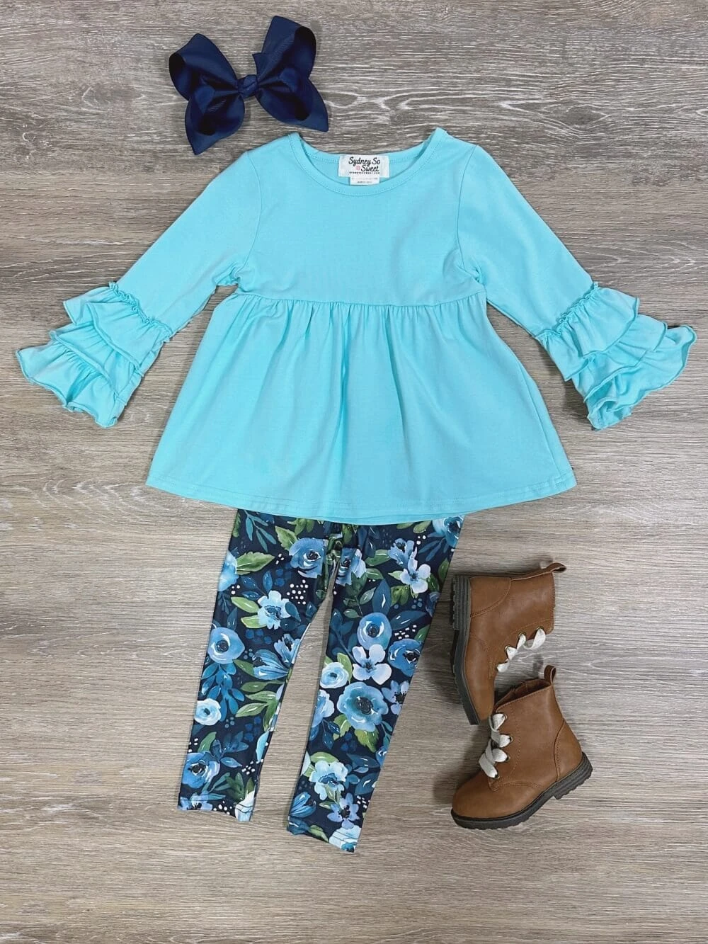 Winter Floral Light Blue Ruffle Sleeve Top & Leggings Outfit 3 Winter Floral Light Blue Ruffle Sleeve Top & Leggings Outfit
