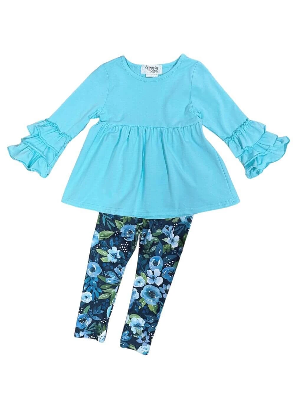 Winter Floral Light Blue Ruffle Sleeve Top & Leggings Outfit 4 Winter Floral Light Blue Ruffle Sleeve Top & Leggings Outfit - Image 2
