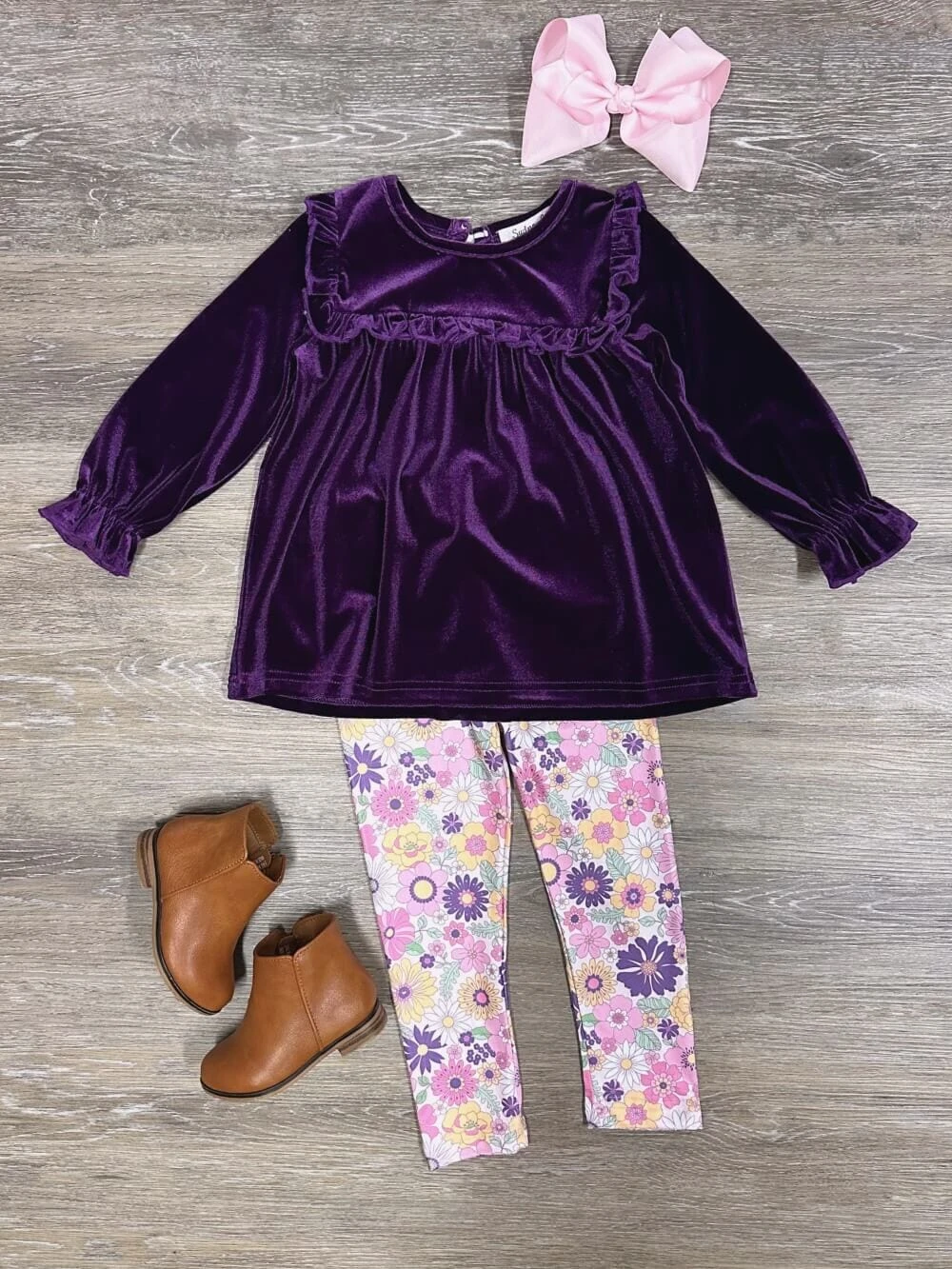 Winter Floral Purple Velvet Top & Leggings Girls Outfit 3 Winter Floral Purple Velvet Top & Leggings Girls Outfit