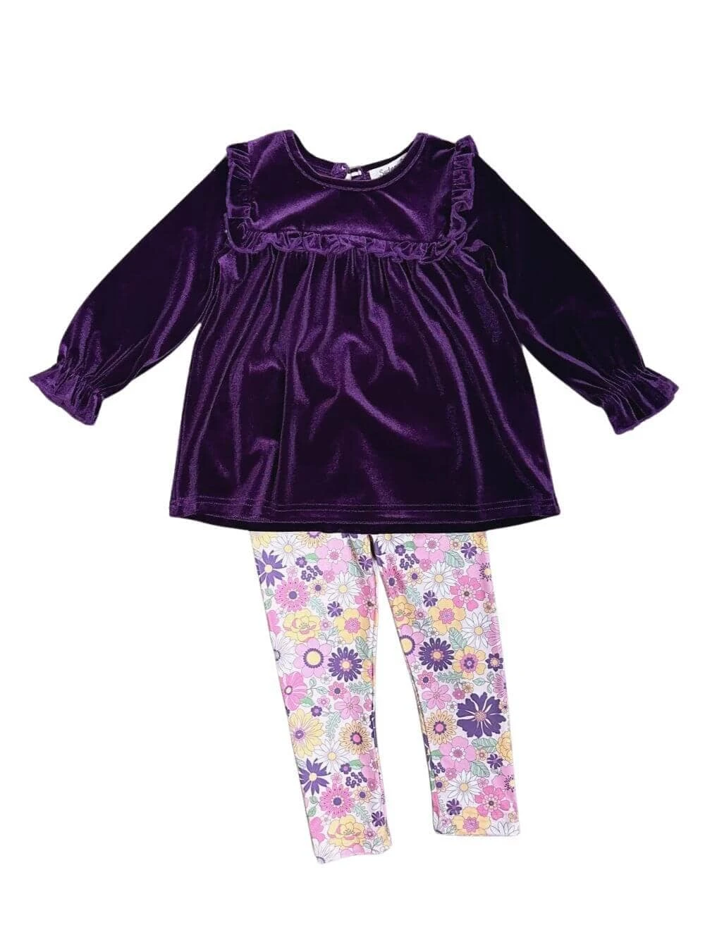 Winter Floral Purple Velvet Top & Leggings Girls Outfit 4 Winter Floral Purple Velvet Top & Leggings Girls Outfit - Image 2