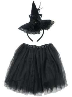 Classic Black Witch Costume Set For Adults & Plus Size – Tutu Skirt & Headband Hat – Spellbinding Outfit For Halloween & Cosplay