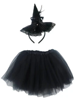 Girls Fancy Black Witch Costume - Complete Kids Costume Set With Tutu And Hat Headband -Little Loom Store WitchTutuCostume 1
