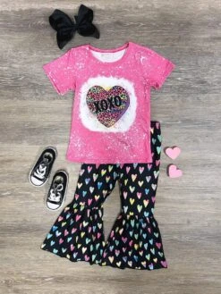 XOXO Hot Pink Acid Wash Top & Black Heart Bell Bottoms Outfit