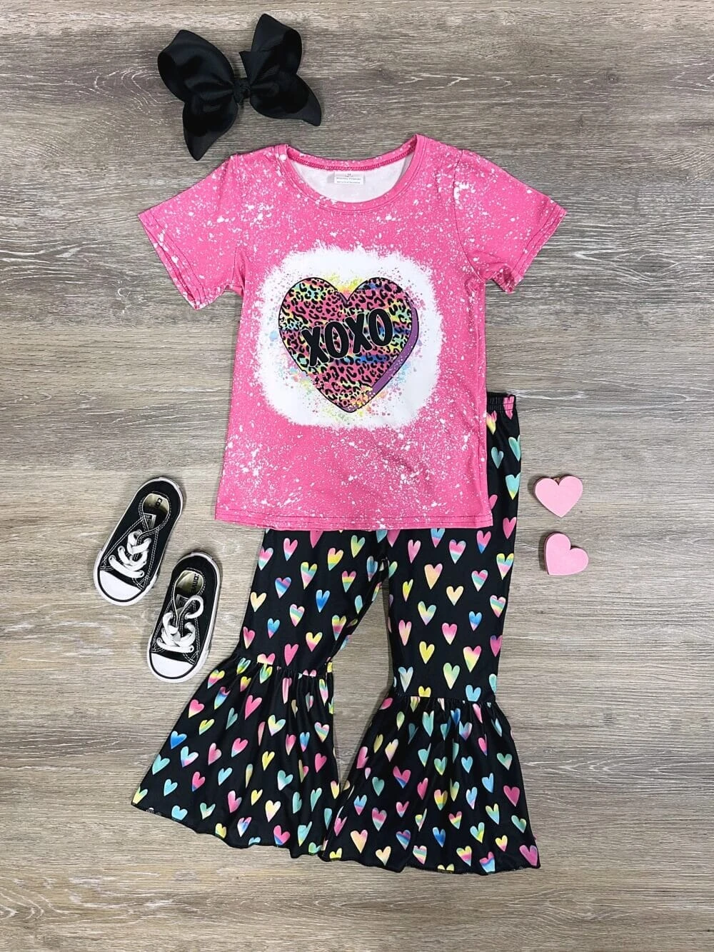 XOXO Hot Pink Acid Wash Top & Black Heart Bell Bottoms Outfit 3 XOXO Hot Pink Acid Wash Top & Black Heart Bell Bottoms Outfit