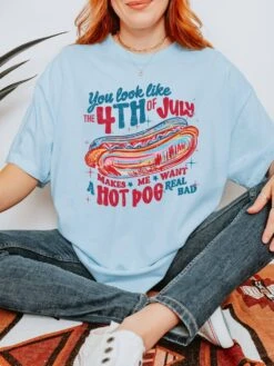 You Look Like The 4th Of July Summer Unisex Tee Comfort Colors Hot Dog Patriotic Graphic T-Shirt -Little Loom Store You Look Like the 4th Chambray