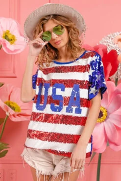 BiBi American Flag Theme USA Lettering Sequin Top -Little Loom Store a52a5cba2d1e4501bafa060d5df387bb Max Origin