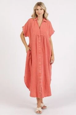 Mittoshop Mineral Wash V Neck Button Up Midi Shirt Dress