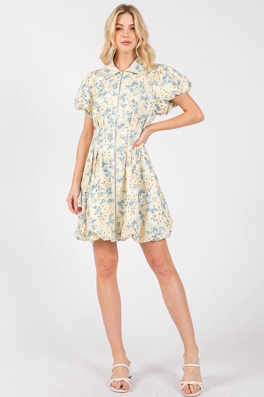 GeeGee Floral Eyelet Zipper Front Puff Sleeve Mini Dress 7 GeeGee Floral Eyelet Zipper Front Puff Sleeve Mini Dress - Image 5