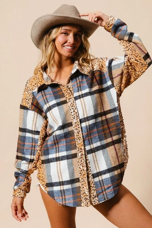 BiBi Curved Hem Sequin Plaid Button Up Shacket 6 BiBi Curved Hem Sequin Plaid Button Up Shacket - Image 4