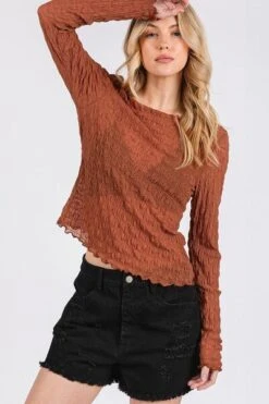 Mittoshop Lettuce Hem Boat Neck Long Sleeve Blouse