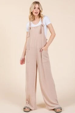 BOMBOM Knot Straps Wide Leg Ribbed Overalls With Pockets