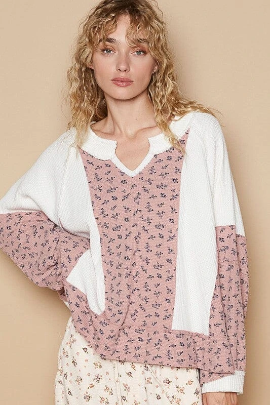 POL Waffle Knit Floral Notched Long Sleeve Top 3 POL Waffle Knit Floral Notched Long Sleeve Top