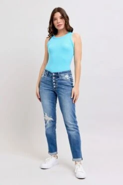 Judy Blue Full Size Button Fly Distressed Jeans With Pockets Plus Size