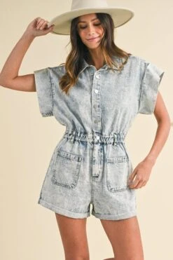 Annie Wear Elastic Waistband Short Sleeve Denim Romper -Little Loom Store b4790e7b 65a7 4bc4 b26e dcfd382860d7 Max