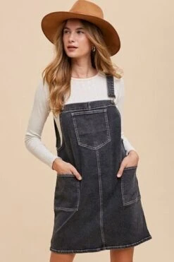 Annie Wear Wide Strap Denim Overall Dress With Pockets