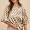 Annie Wear Tie Back Abstract Print Mock Neck Half Sleeve Blouse -Little Loom Store b7ce62f2 2b8b 4a47 8921 52804221577f Max