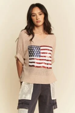 Davi & Dani Sequin American Flag Patch Short Sleeve Knit Top