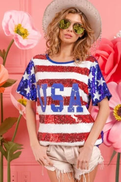 BiBi American Flag Theme USA Lettering Sequin Top -Little Loom Store c1b7d79556164baab65f36379aded4f4 Max Origin