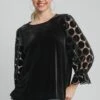 Umgee Polka Dot Lace Long Sleeve Round Neck Blouse