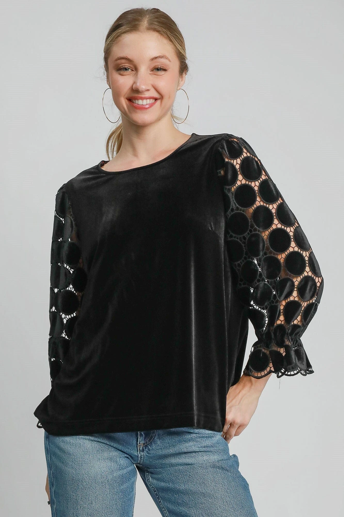 Umgee Polka Dot Lace Long Sleeve Round Neck Blouse 3 Umgee Polka Dot Lace Long Sleeve Round Neck Blouse