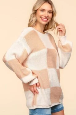 Haptics Full Size Checkered Round Neck Drop Shoulder Sweater -Little Loom Store c3ca9050 fc2b 456f 8c84 c06271f7a5de Max