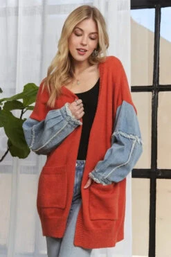ADORA Full Size Frayed Denim Sleeve Sweater Cardigan Plus Size