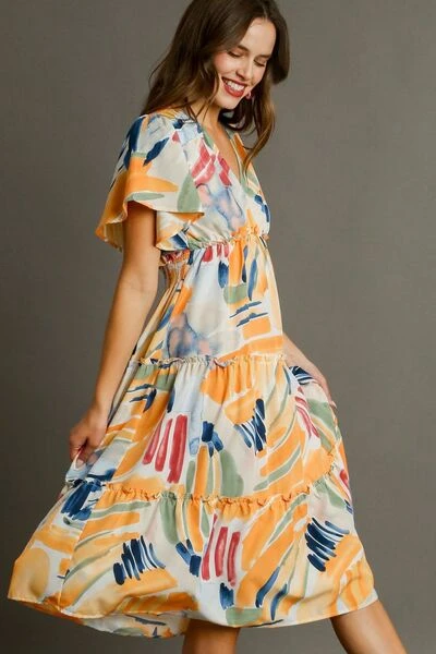 Umgee Full Size Abstract Print Flutter Sleeve Frill Tiered Midi Dress Plus Size 4 Umgee Full Size Abstract Print Flutter Sleeve Frill Tiered Midi Dress Plus Size - Image 2