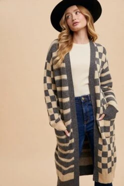 Annie Wear Checkered & Striped Open Front Long Sleeve Cardigan -Little Loom Store c6062b8f 019f 40fb ae94 37b10b555804 Max