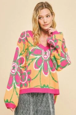 Davi & Dani Floral Contrast V-Neck Dropped Shoulder Sweater -Little Loom Store c6fe5c09 4b96 43f2 85d0 e4411e526345 Max