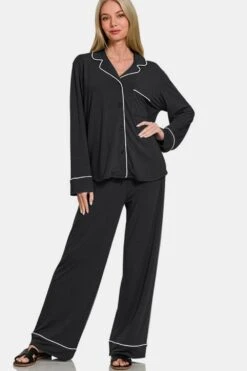 Zenana Button Down Long Sleeve Top And Pants Lounge Set