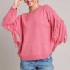 Umgee Full Size Fringe Round Neck Long Sleeve Sweater Plus Size