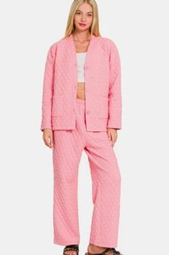 Zenana Quilted Button Up Long Sleeve Top And Pants Lounge Set -Little Loom Store c883a937 59c0 44fb a688 28d81c36b601 Max